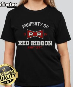 Red Ribbon Ladies Tee displayed on a hanger, showcasing its vibrant color and stylish design for a chic look.