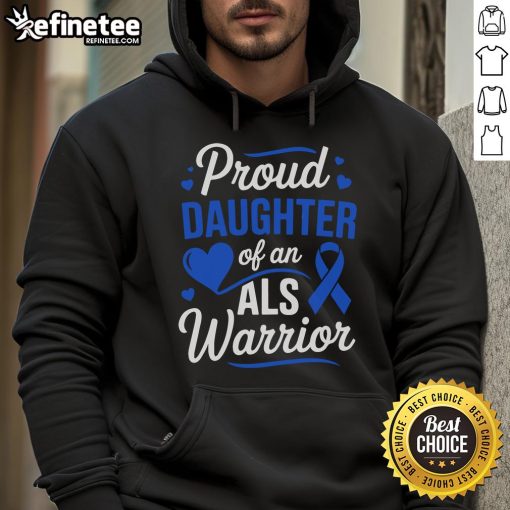 Proud daughter wearing an ALS awareness hoodie, celebrating her dad's strength during ALS Awareness Month.