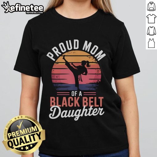 Alt Text: Proud mom wearing a ladies tee celebrating her black belt daughter, showcasing family pride in martial arts achievement.