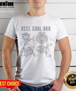 Alt Text: Cool dad wearing a 'Nice Reel Cool Dad' T-Shirt, showcasing fun fishing-themed humor for proud fathers.