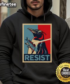 Alt Text: Nice Resist Penguin protest bird in sunglasses, holding a swordfish, wearing a colorful hoodie.