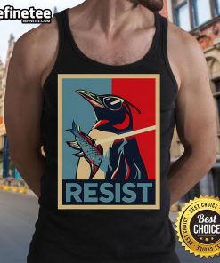 Alt Text: Cool penguin in sunglasses, holding a sword, protests with a fish tank top, showcasing 'Nice Resist' theme.