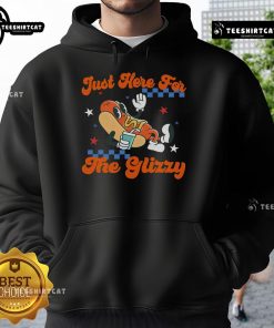 Retro hot dog hoodie saying 'I'm just here for the glizzy' for a fun and festive 4th of July celebration.