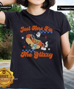 Retro hot dog graphic on a ladies tee, perfect for July 4th celebrations - 'I'm Just Here for the Glizzy' design.