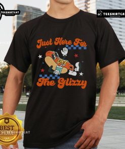 Alt Text: Retro hot dog graphic on a t-shirt with I'm Just Here For The Glizzy for a fun 4th of July celebration.