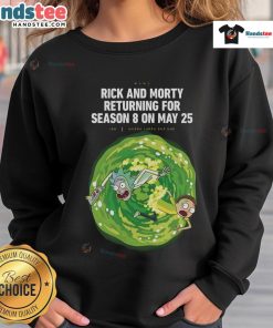 Alt Text: Nice Rich and Morty Season 8 sweatshirt featuring vibrant graphics, available for fans on May 25th, 2025.