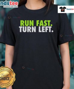 Motivational ladies tee featuring a funny track runner making a fast left turn, perfect for active women.