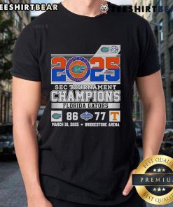 Florida Gators 2025 SEC Tournament Champions T-Shirt celebrating victory over Tennessee Volunteers, featuring team colors and logo.