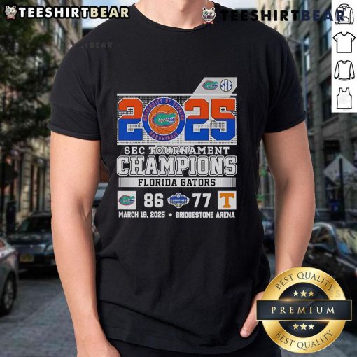 Florida Gators 2025 SEC Tournament Champions T-Shirt celebrating victory over Tennessee Volunteers, featuring team colors and logo.