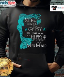 Woman wearing 'Nice She Has The Soul Of A Gypsy' hoodie, showcasing a bohemian style with vibrant colors and beach vibes.