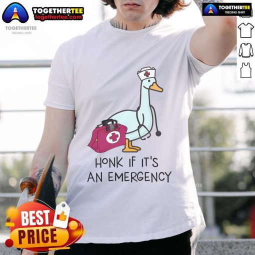 Alt Text: Nice Silly Goose Emergency Nurse T-Shirt with 'Honk If It's An Emergency' slogan, perfect for playful healthcare professionals.