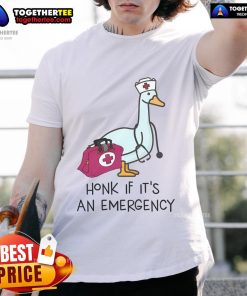 Alt Text: Nice Silly Goose Emergency Nurse T-Shirt with 'Honk If It's An Emergency' slogan, perfect for playful healthcare professionals.