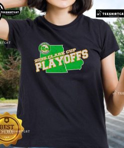 Alt Text: Ladies tee featuring the Nice Sioux City Musketeers 2025 Clark Cup Playoffs logo, perfect for fans and supporters.