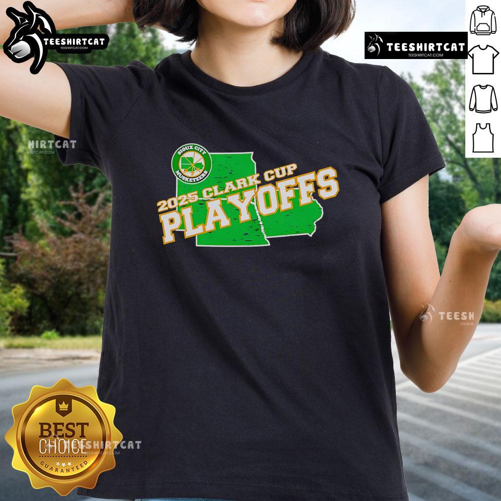 Nice Sioux City Musketeers 2025 Clark Cup Playoffs Ladies Tee Alt Text: Ladies tee featuring the Nice Sioux City Musketeers 2025 Clark Cup Playoffs logo, perfect for fans and supporters.