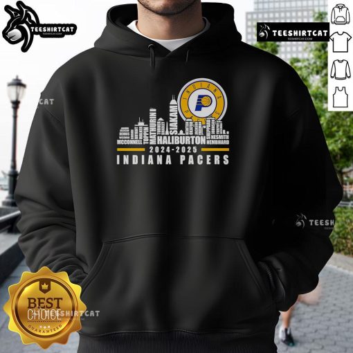 Alt Text: Indiana Pacers players' names hoodie featuring a stylish skyline design for 2024-2025 season.