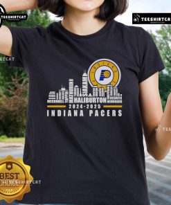 Alt Text: Indiana Pacers players' names on a stylish ladies tee featuring a nice skyline design, perfect for fans.