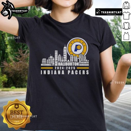 Alt Text: Indiana Pacers players' names on a stylish ladies tee featuring a nice skyline design, perfect for fans.