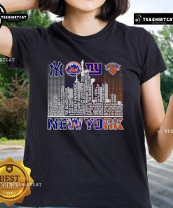 New York skyline with sports team player name on ladies tee, showcasing vibrant city life and team spirit.