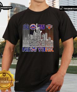 Nice skyline New York sports team player name t-shirt featuring vibrant cityscape and team logo design.