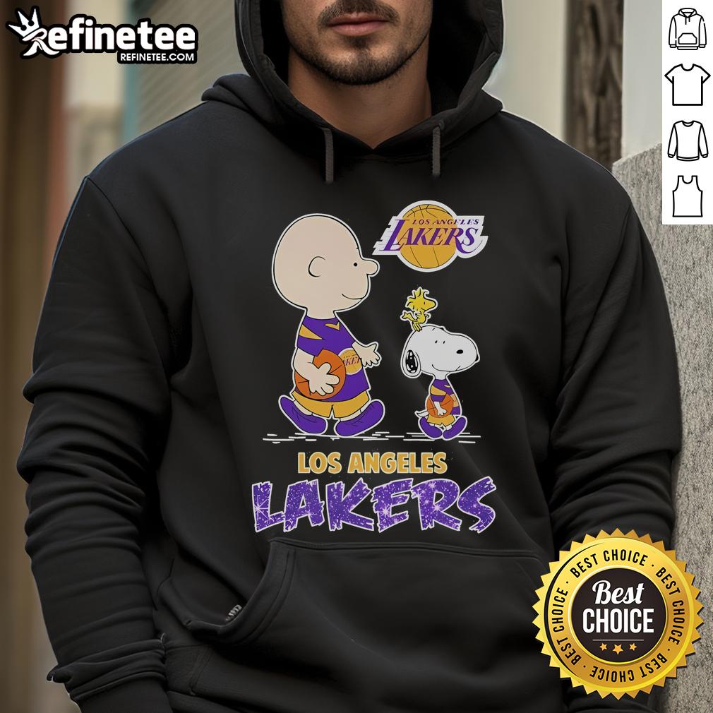 Nice Snoopy And Charlie Brown The Peanuts Los Angeles Lakers Hoodie Alt Text: Snoopy and Charlie Brown Peanuts hoodie featuring Los Angeles Lakers logo, perfect for fans and cozy wear.