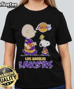 Nice Snoopy and Charlie Brown Peanuts tee featuring Los Angeles Lakers design for ladies, perfect for fans and casual wear.