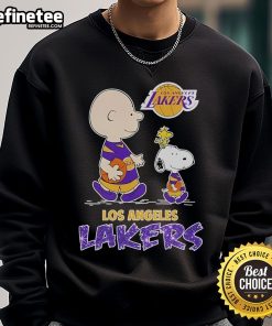 Snoopy and Charlie Brown Peanuts sweatshirt featuring Los Angeles Lakers logo, perfect for fans and cozy attire.
