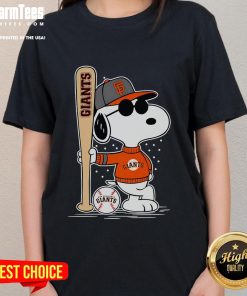 Alt Text: Snoopy standing pose on a San Francisco Giants baseball ladies tee, showcasing a fun and sporty design.