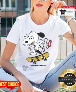 Alt Text: Cute Snoopy skateboarding graphic on a yellow ladies tee with lightning design - perfect for casual wear.
