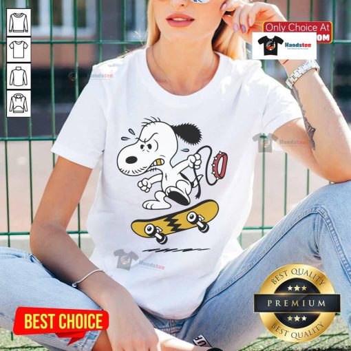 Alt Text: Cute Snoopy skateboarding graphic on a yellow ladies tee with lightning design - perfect for casual wear.