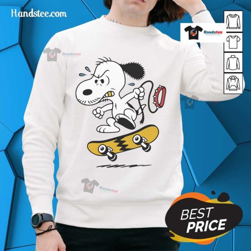 Cartoon sweatshirt featuring Snoopy skateboarding with a yellow lightning design, perfect for casual wear.