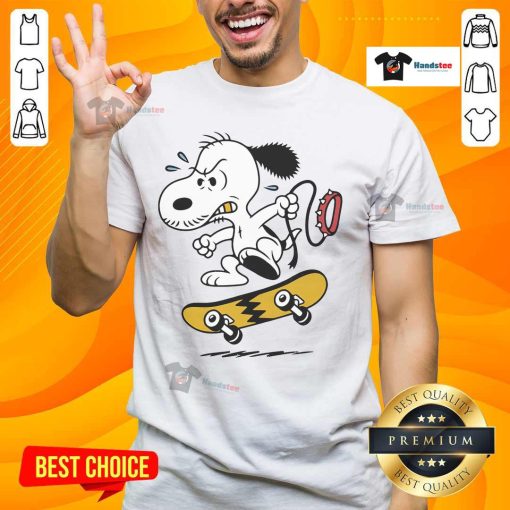 Alt Text: Snoopy skateboarding in a yellow lightning cartoon on a comfy sweatshirt leash tee, perfect for casual wear.