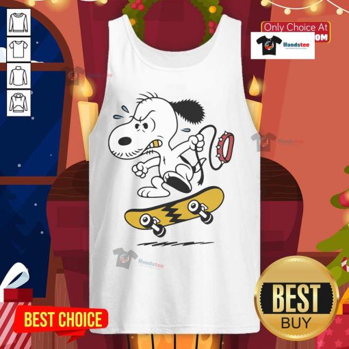 Cartoon tank top featuring Snoopy skateboarding with a yellow lightning design, perfect for casual wear.