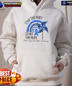 Child Abuse Prevention Awareness hoodie with 'Stop The Hurt, Start The Hope' slogan, promoting support and hope.