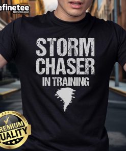 Nice Storm Chaser in Training meteorologist wearing a weather T-shirt, ready for exciting storm chasing adventures.