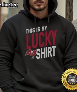 Alt Text: Person wearing a Tampa Bay Buccaneers hoodie, showcasing team spirit and luck on game day.