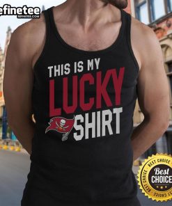 Woman wearing a 'This Is My Lucky Tank Top' supporting the Tampa Bay Buccaneers at a game in Nice.