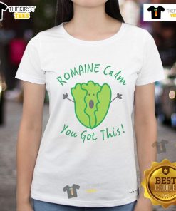 Nice teacher in STAAR proctor tee shirt, encouraging students with 'Romaine Calm, You Got This!' message.