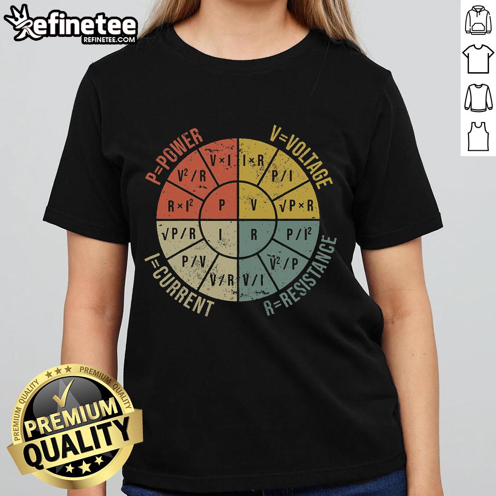 Nice The Formula Wheel Of Electrical Engineering Retro Ohms Law Ladies Tee Retro Ohm's Law graphic on a ladies tee, showcasing Nice-The-Formula-Wheel of Electrical Engineering design.