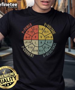 Retro Ohm's Law T-shirt featuring electrical engineering formula design, perfect for engineers and science enthusiasts.