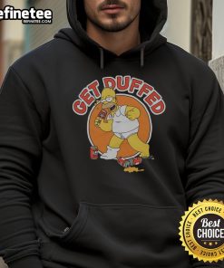 Homer Simpson wearing a 'Get Duffed' hoodie from The Simpsons, showcasing vibrant colors and fun cartoon design.