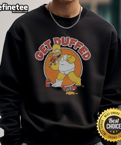 Homer Simpson wearing a 'Get Duffed' sweatshirt in a vibrant scene from The Simpsons, showcasing playful cartoon style.