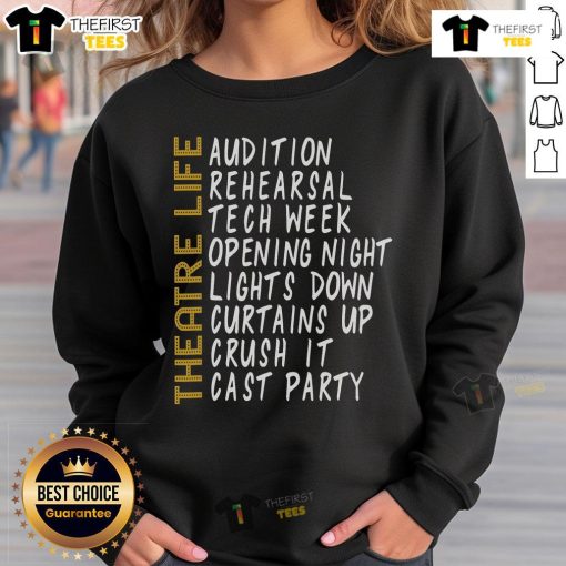 Actor in a Nice Theatre sweatshirt, showcasing passion for acting and directing in a vibrant stage play performance.