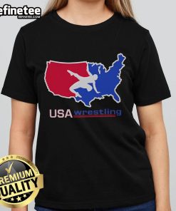 Nice USA Wrestling tee featuring a USA map and wrestler design for ladies, perfect for wrestling fans and athletes.