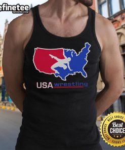 USA map design tank top featuring a wrestler, perfect for wrestling fans and athletes. Nice USA Wrestling apparel.