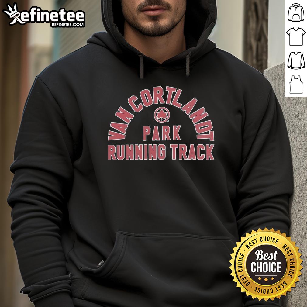 Nice Van Cortlandt Park Running Track Hoodie Runner wearing a Nice Van Cortlandt Park Running Track hoodie, jogging on a scenic track surrounded by greenery.