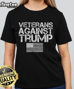 Alt Text: Vintage patriotic flag graphic on a ladies tee for the Nice Veterans Against Trump protest, symbolizing dissent.