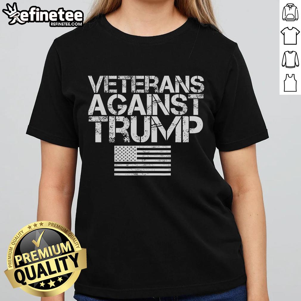 Nice Veterans Against Trump Vintage Patriotic Flag Protest Ladies Tee Alt Text: Vintage patriotic flag graphic on a ladies tee for the Nice Veterans Against Trump protest, symbolizing dissent.