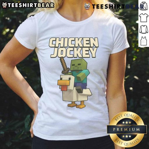 Vintage chicken jockey design on a ladies tee, featuring playful graphics and soft fabric for a stylish look.