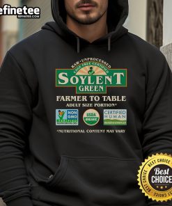 Vintage Soylent Green Farmer to Table label hoodie, showcasing unique design and eco-friendly fashion style.
