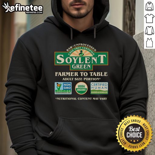 Vintage Soylent Green Farmer to Table label hoodie, showcasing unique design and eco-friendly fashion style.